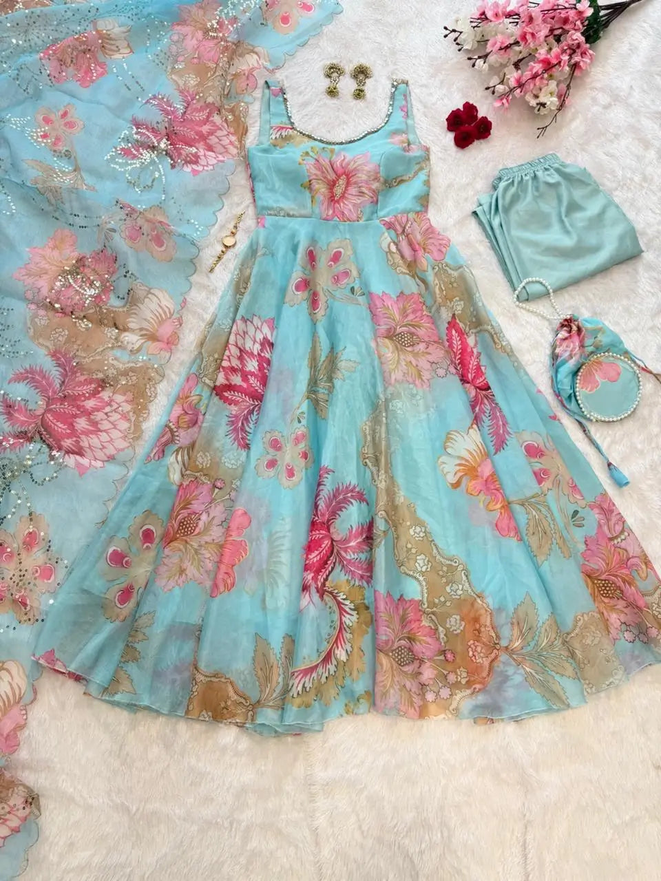 Pure Organza Silk Printed Anarkali Set