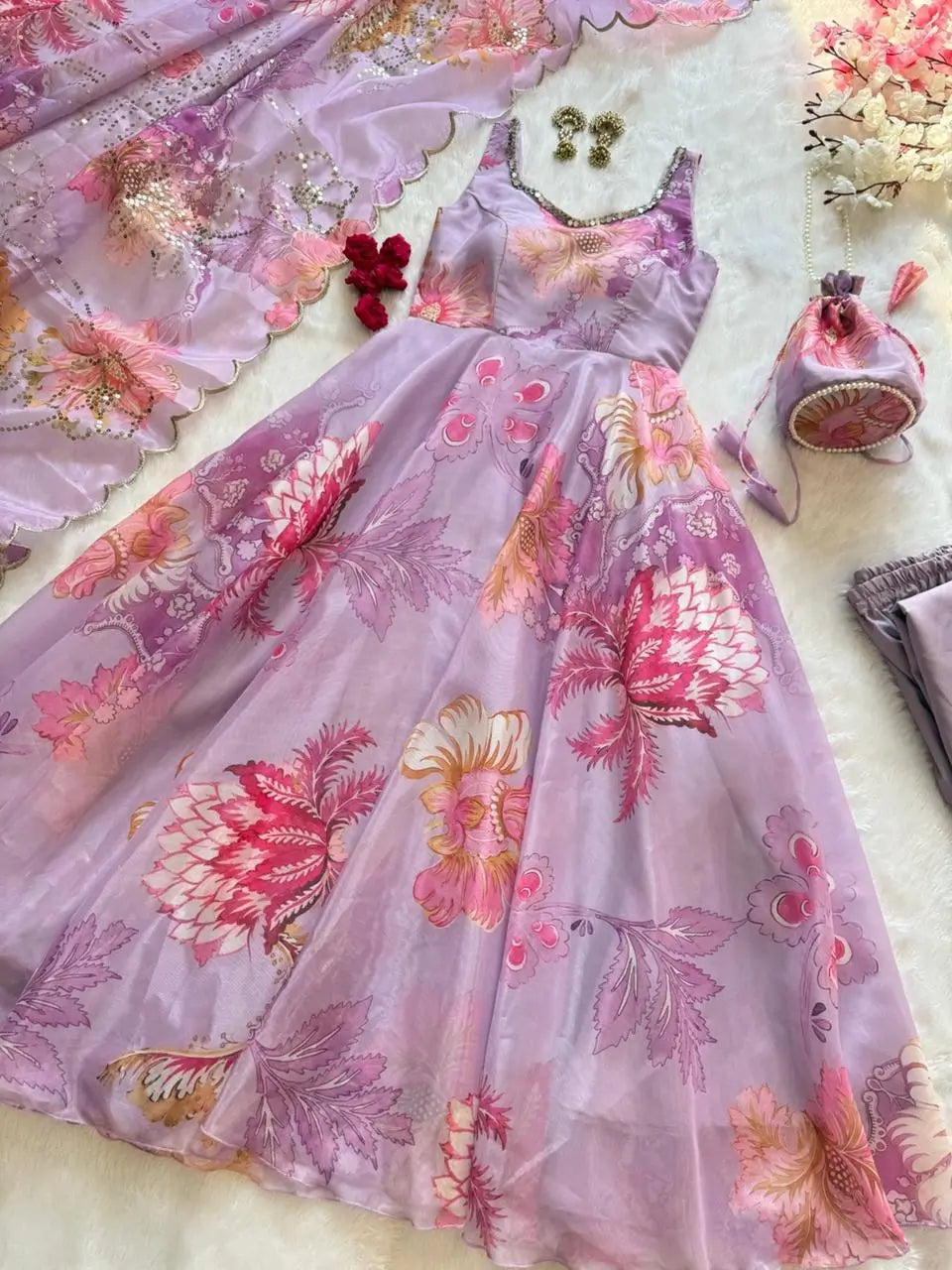 Pure Organza Silk Printed Anarkali Set