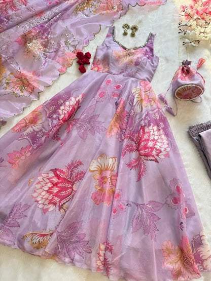Pure Organza Silk Printed Anarkali Set