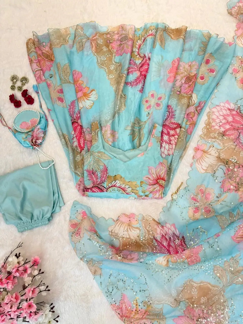 Pure Organza Silk Printed Anarkali Set