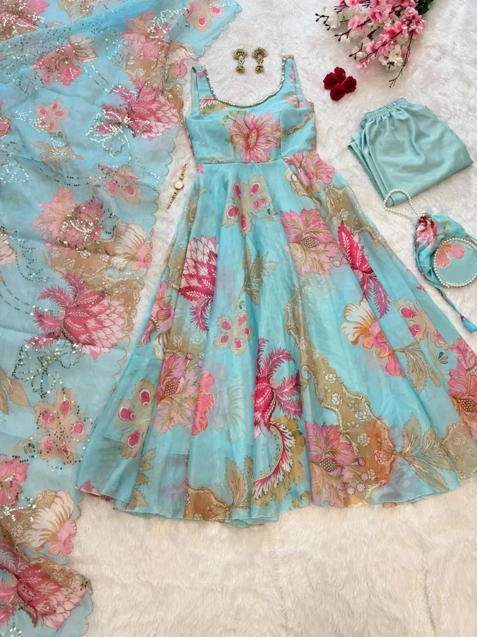 Pure Organza Silk Printed Anarkali Set