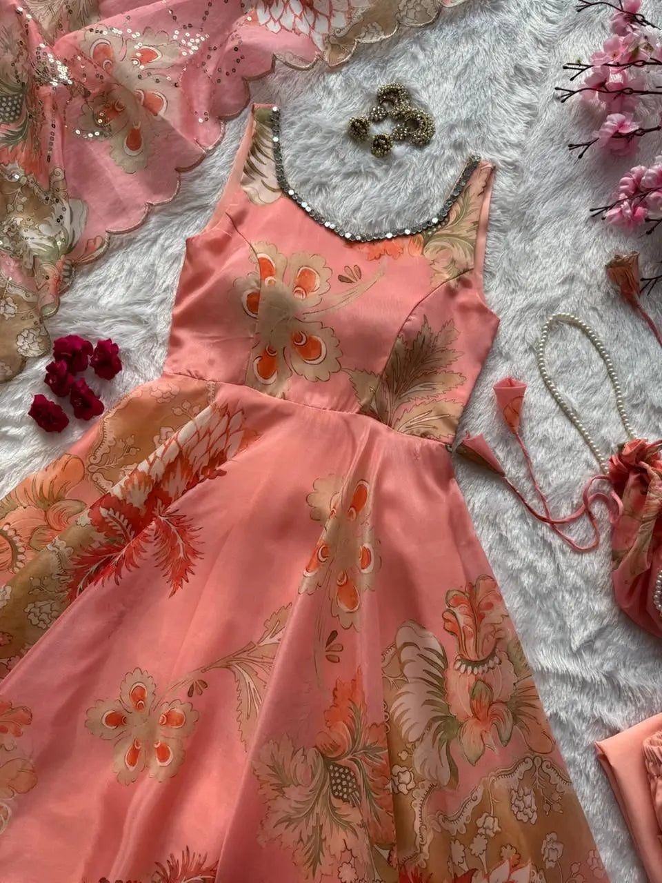 Pure Organza Silk Printed Anarkali Set