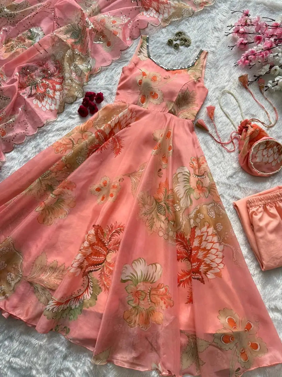 Pure Organza Silk Printed Anarkali Set