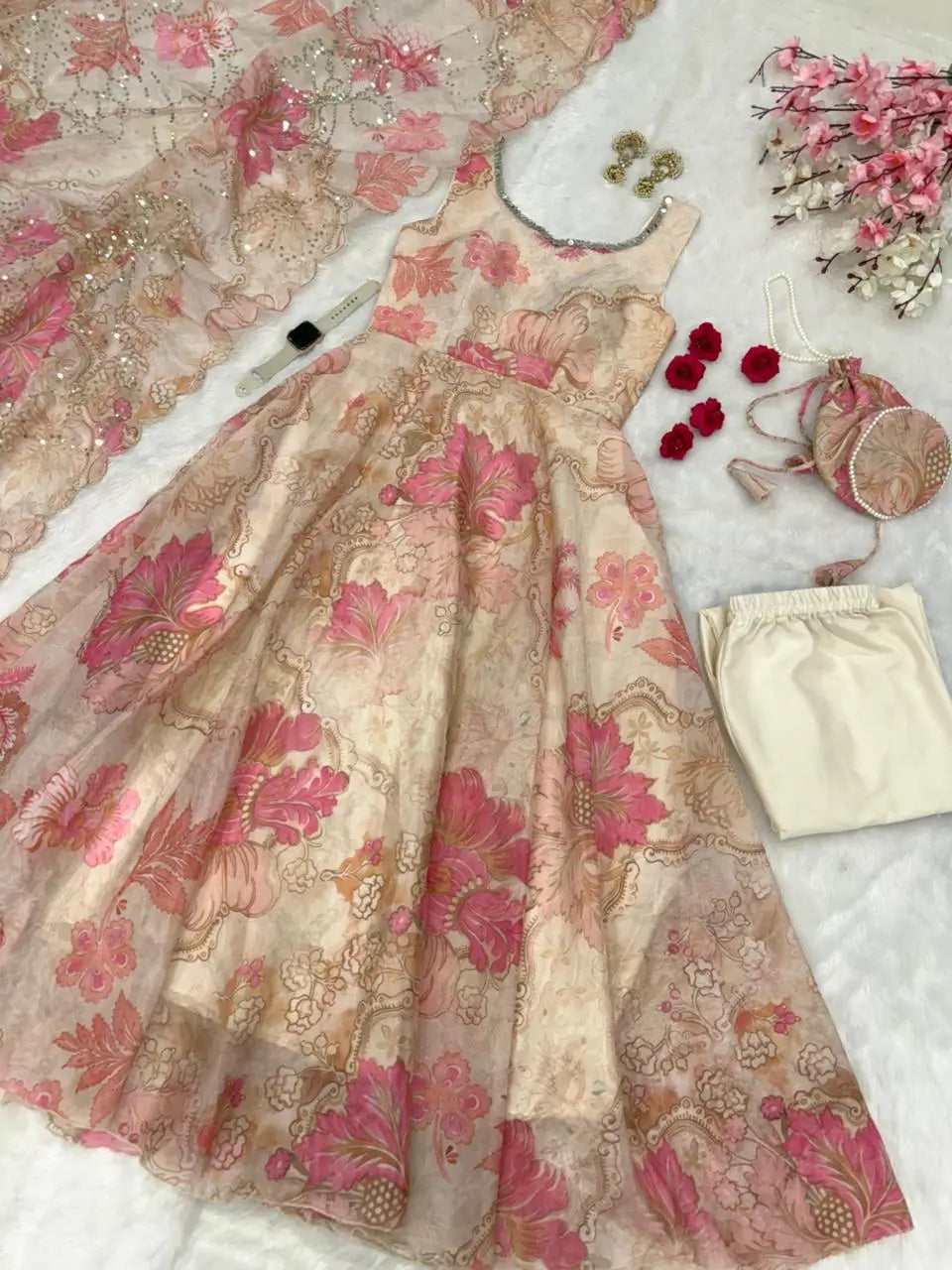 Pure Organza Silk Printed Anarkali Set