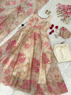 Pure Organza Silk Printed Anarkali Set