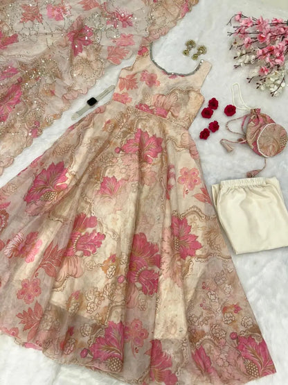 Pure Organza Silk Printed Anarkali Set