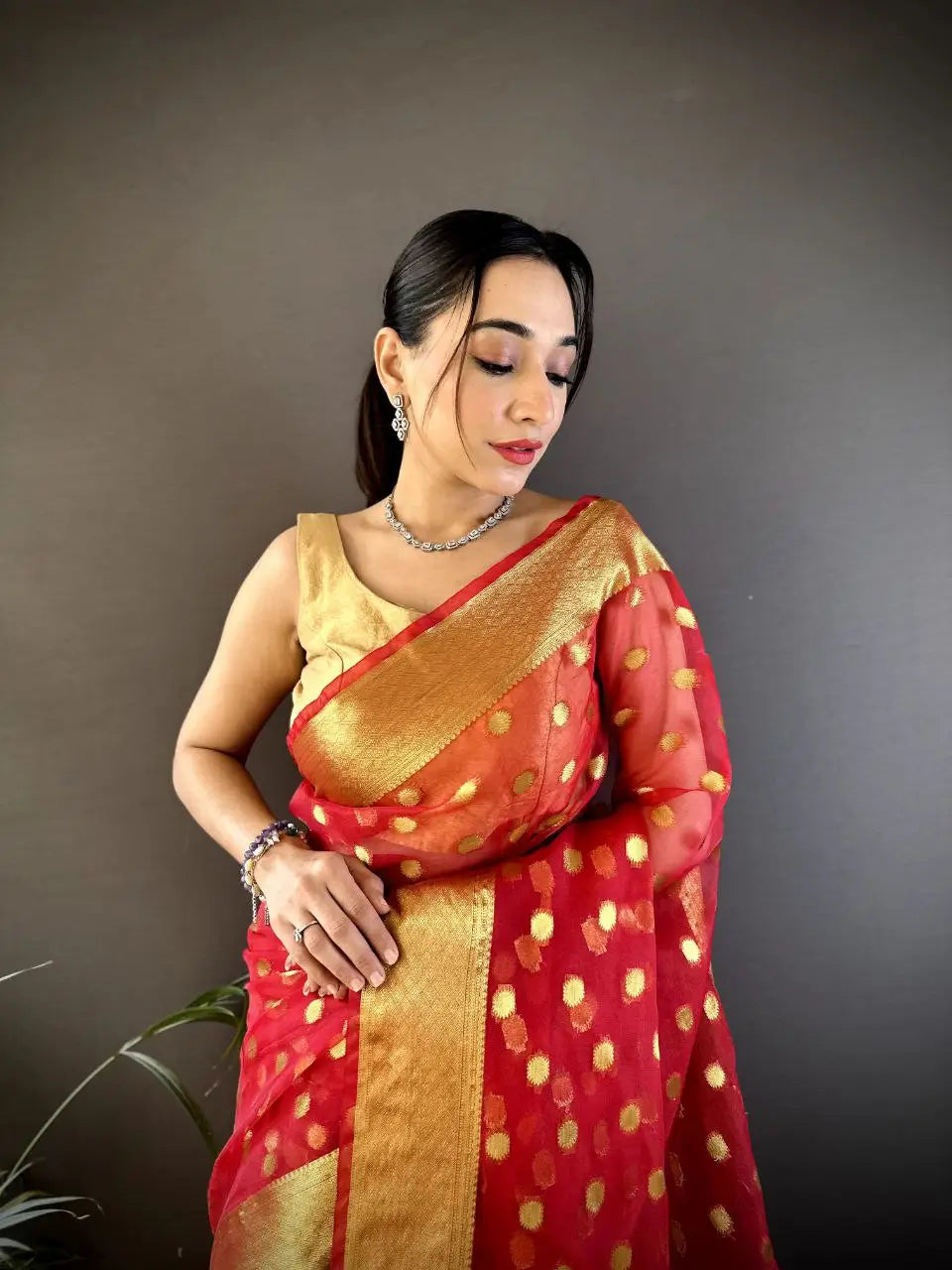 Pure Organza Silk Saree with Gold Zari Butti and Border