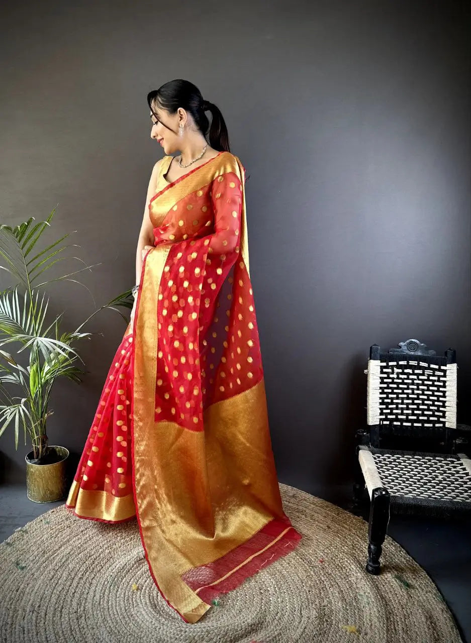 Pure Organza Silk Saree with Gold Zari Butti and Border