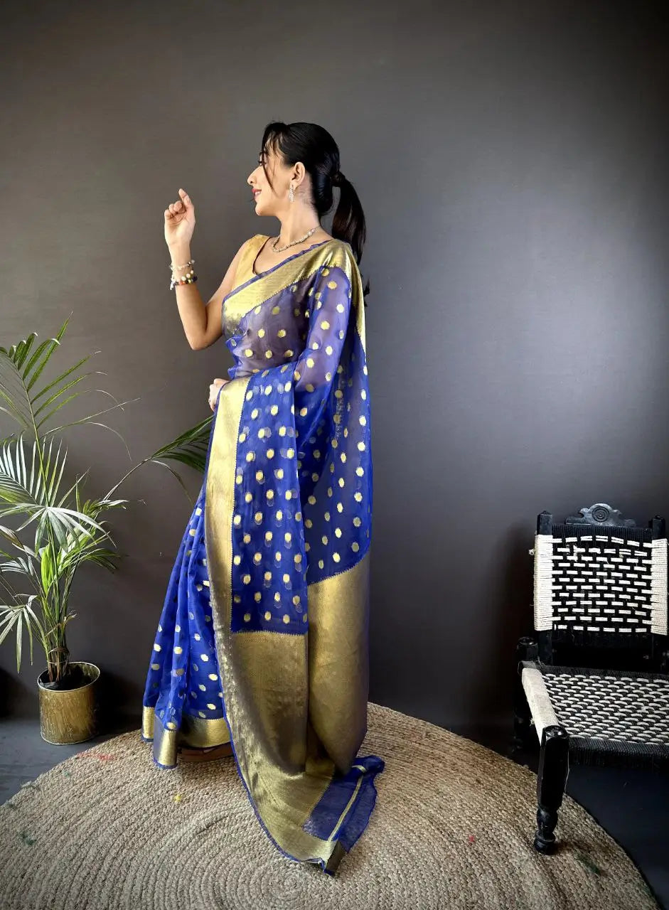 Pure Organza Silk Saree with Gold Zari Butti and Border