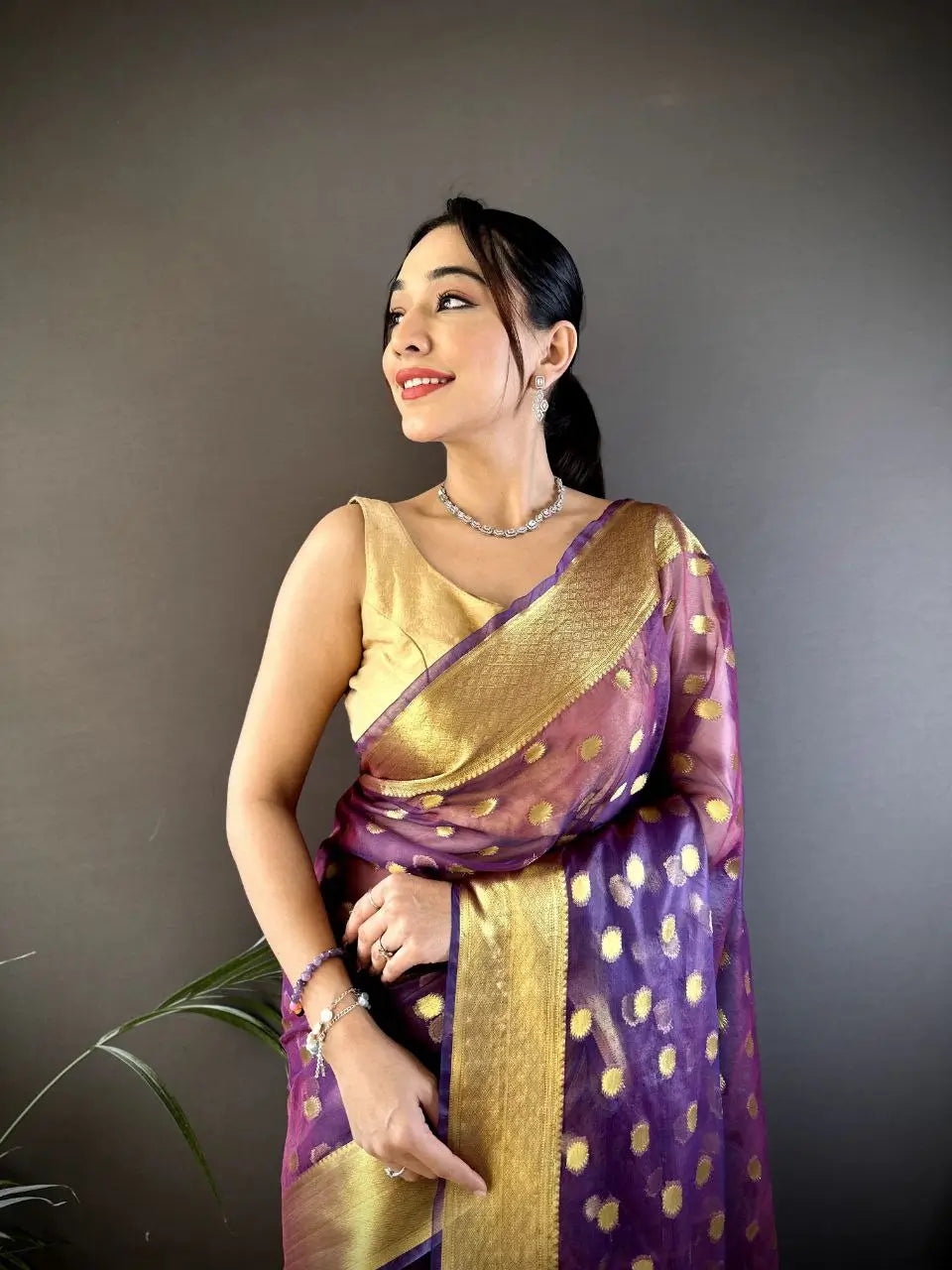Pure Organza Silk Saree with Gold Zari Butti and Border