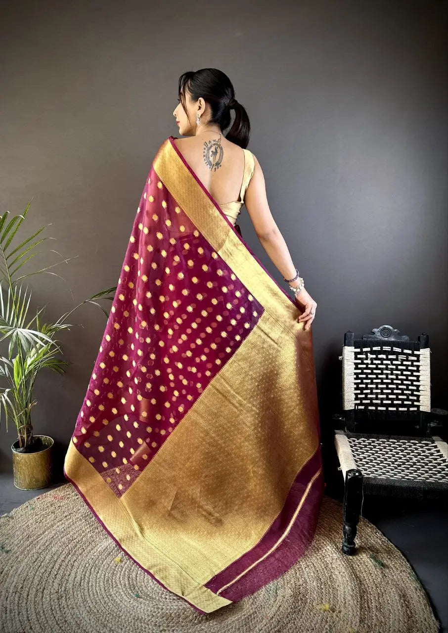 Pure Organza Silk Saree with Gold Zari Butti and Border