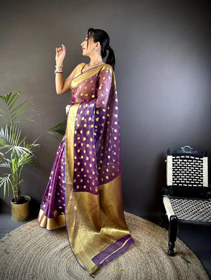 Pure Organza Silk Saree with Gold Zari Butti and Border