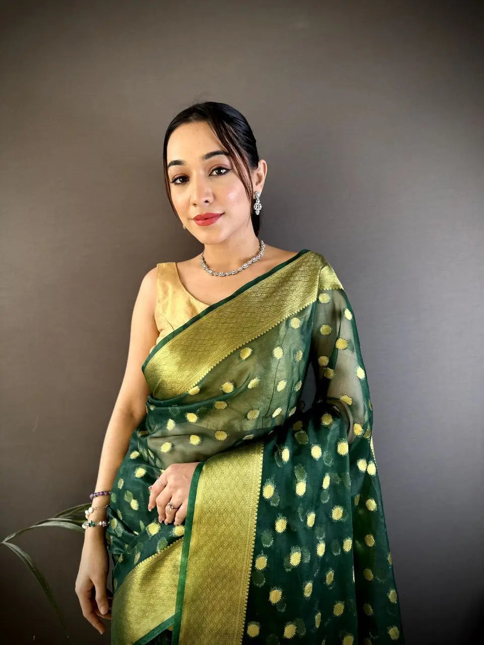 Pure Organza Silk Saree with Gold Zari Butti and Border