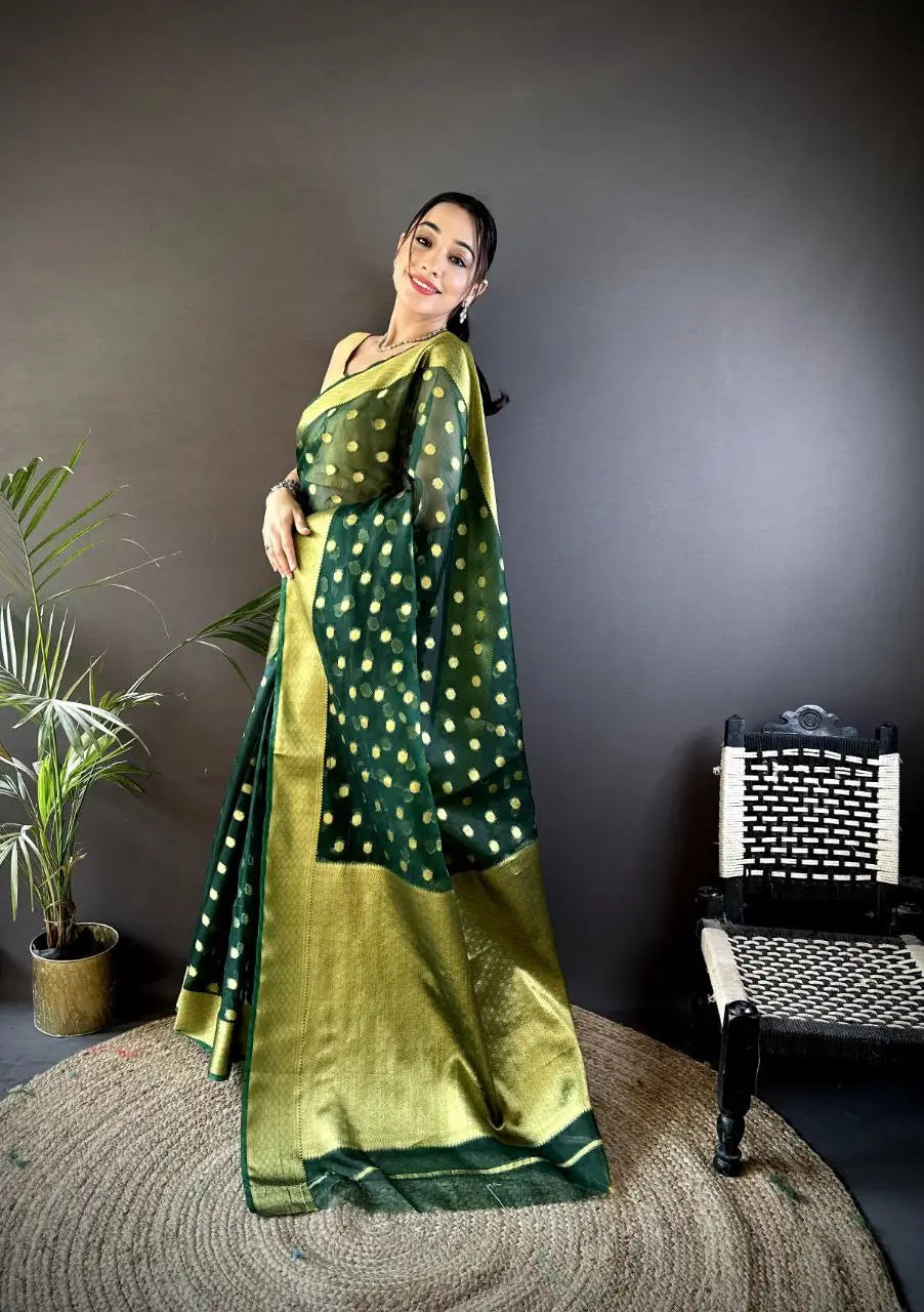 Pure Organza Silk Saree with Gold Zari Butti and Border