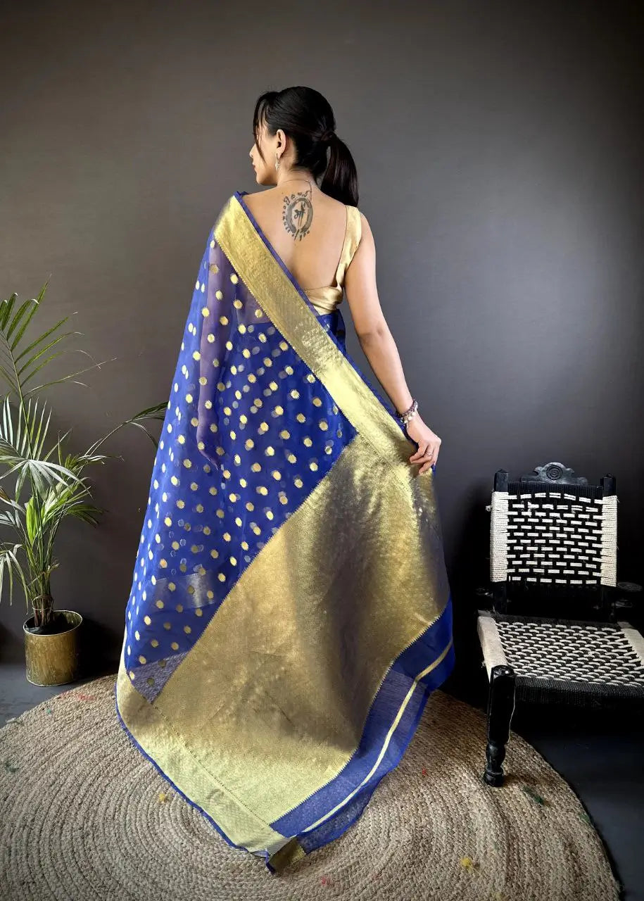 Pure Organza Silk Saree with Gold Zari Butti and Border
