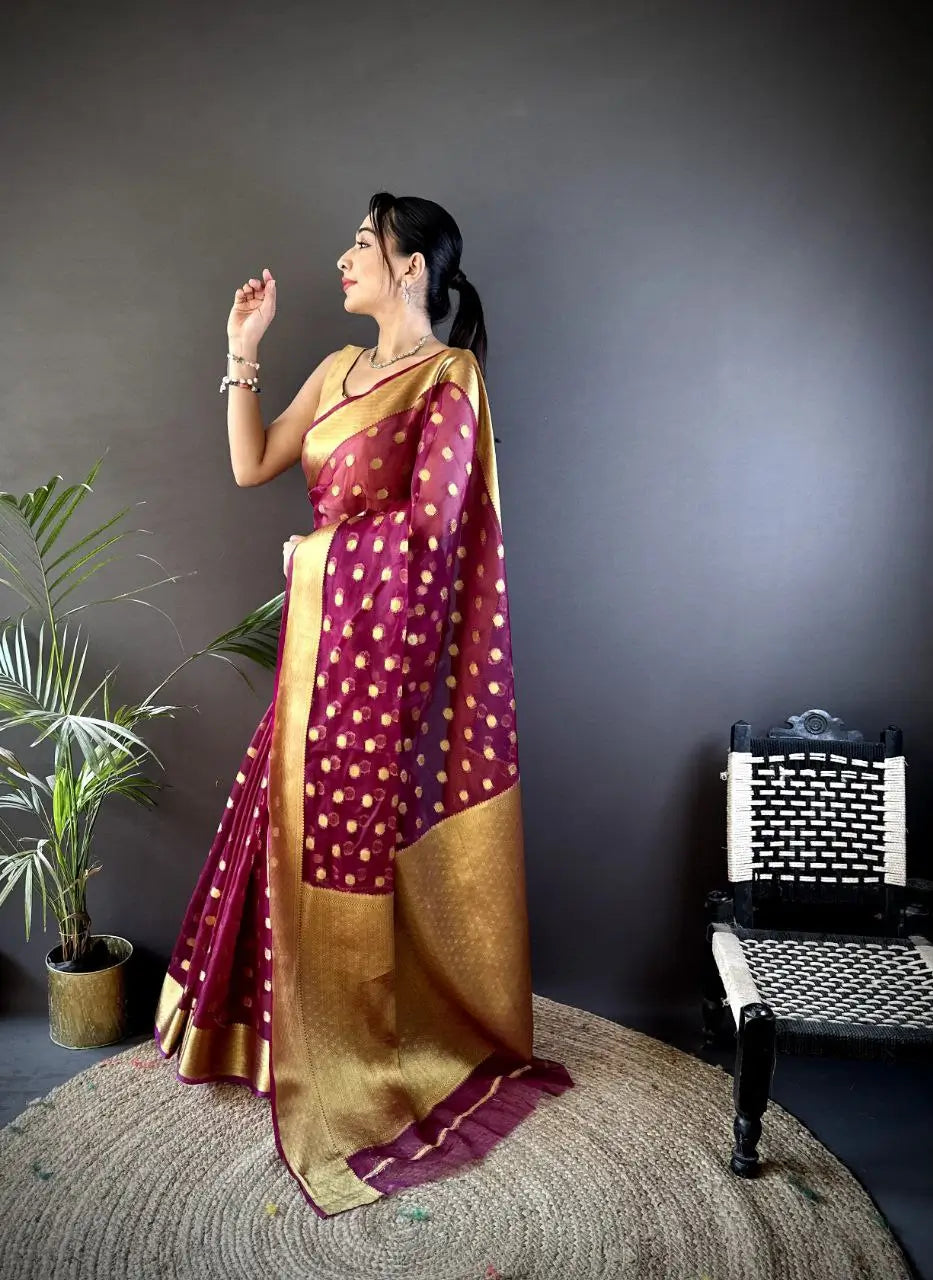 Pure Organza Silk Saree with Gold Zari Butti and Border