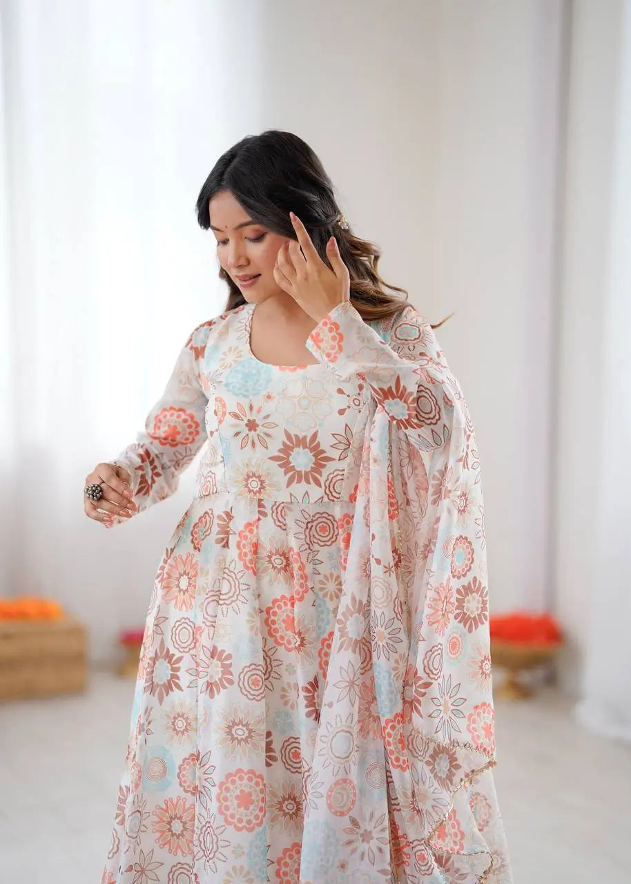 Pure Organza silk Floral Print Festive Gown Set