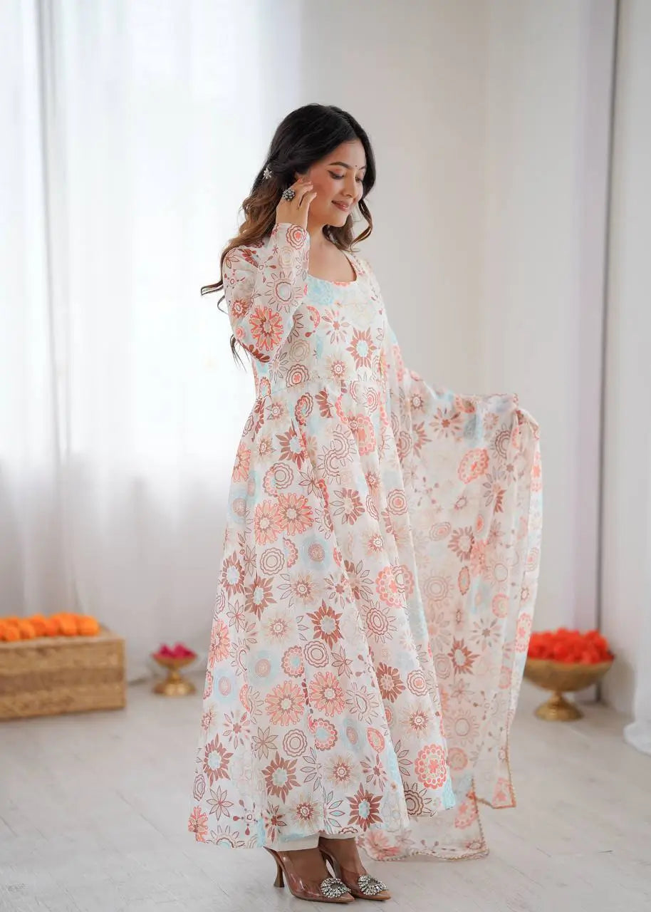 Pure Organza silk Floral Print Festive Gown Set