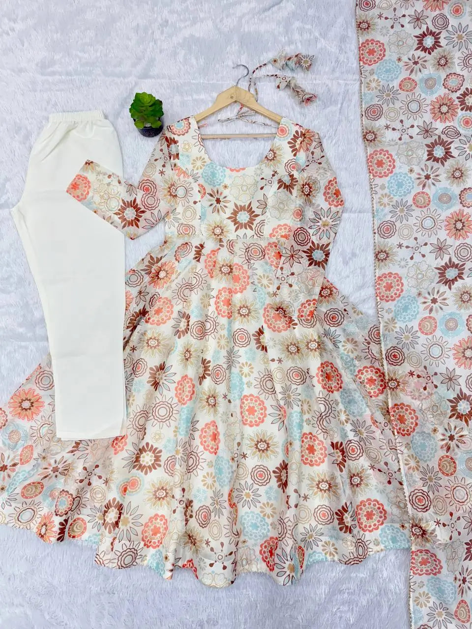 Pure Organza silk Floral Print Festive Gown Set