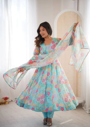Pure Organza silk Floral Print Festive Gown Set