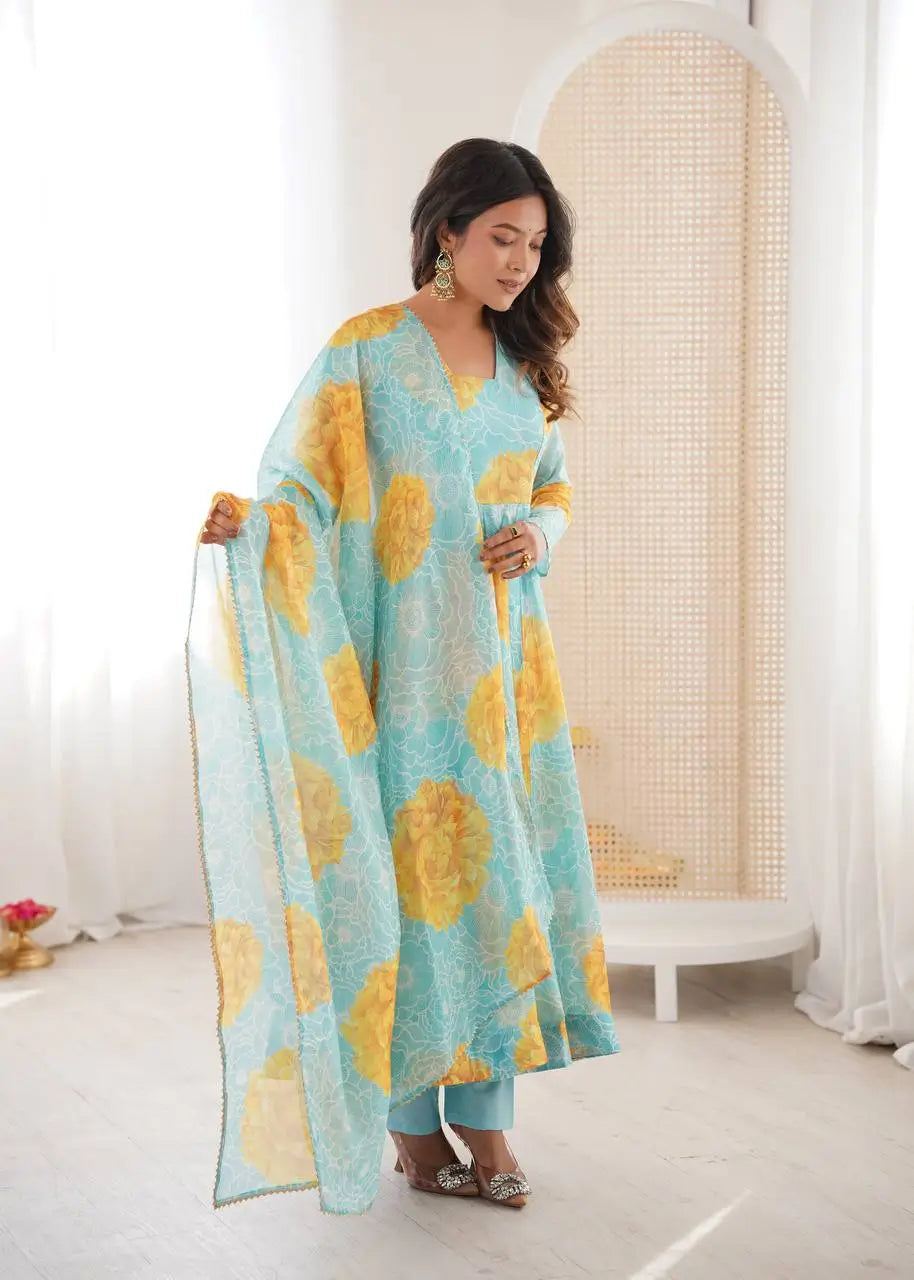 Pure Organza silk Floral Print Festive Gown Set