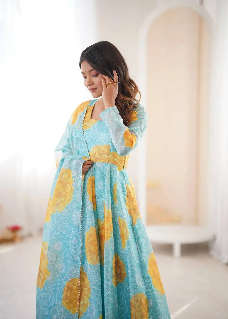 Pure Organza silk Floral Print Festive Gown Set