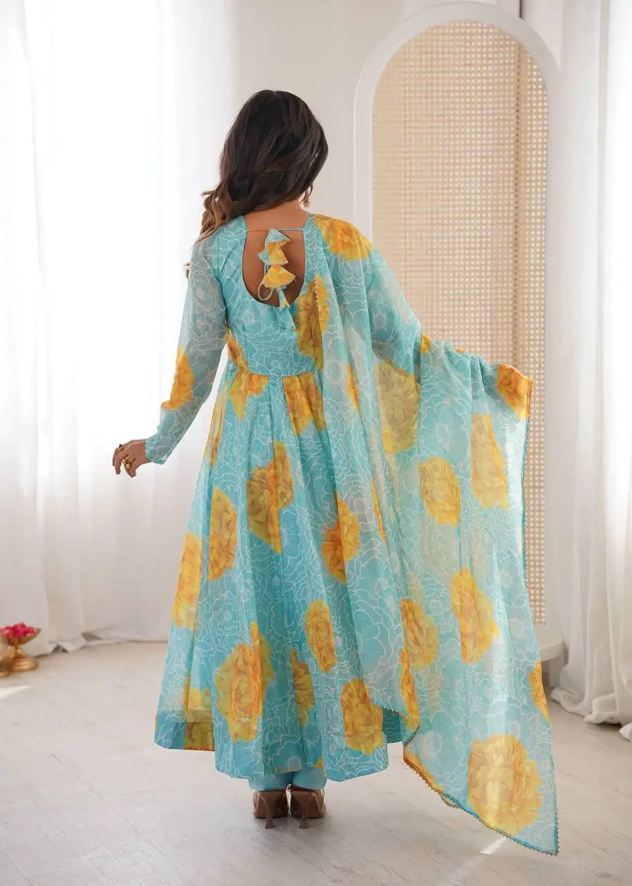 Pure Organza silk Floral Print Festive Gown Set