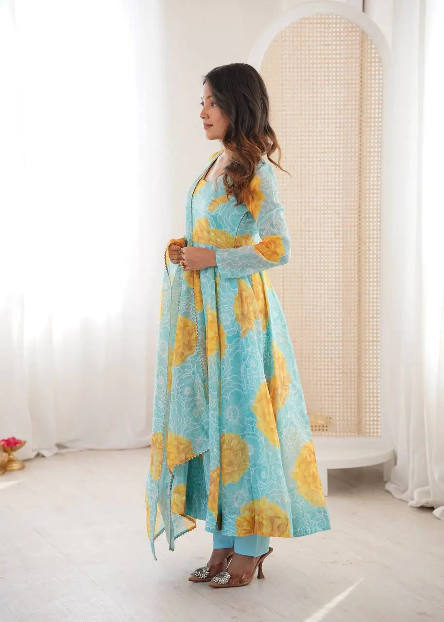 Pure Organza silk Floral Print Festive Gown Set