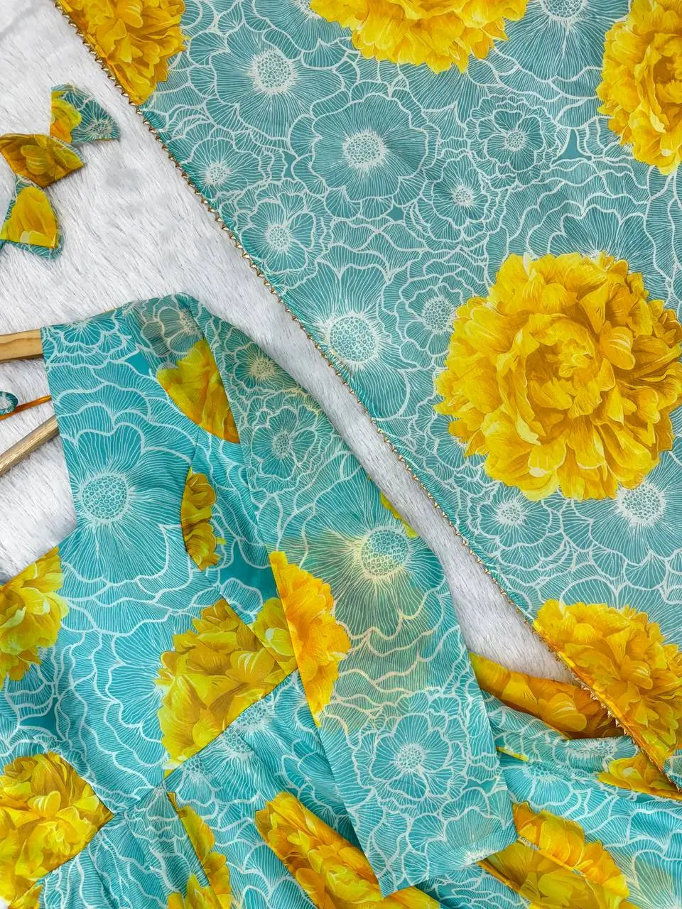 Pure Organza silk Floral Print Festive Gown Set