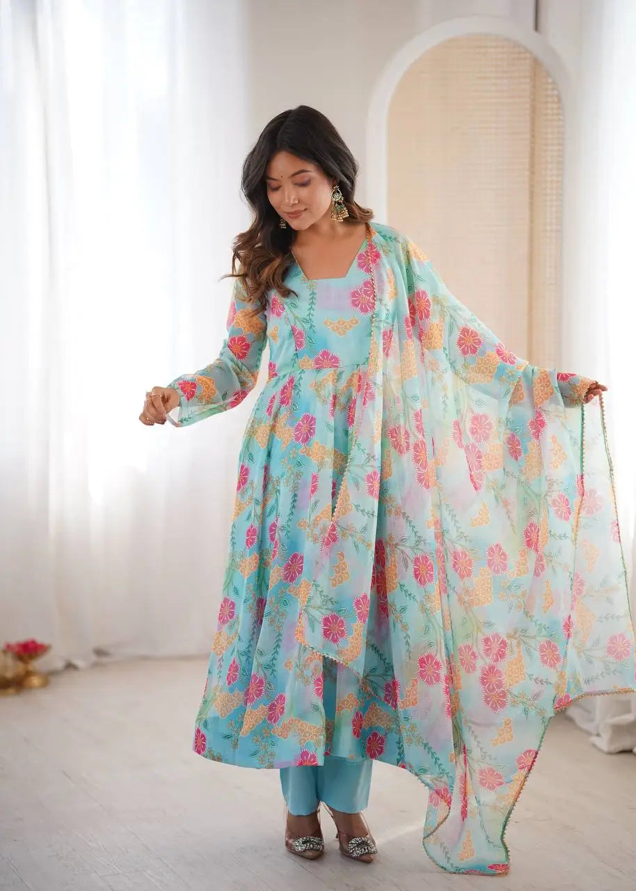 Pure Organza silk Floral Print Festive Gown Set