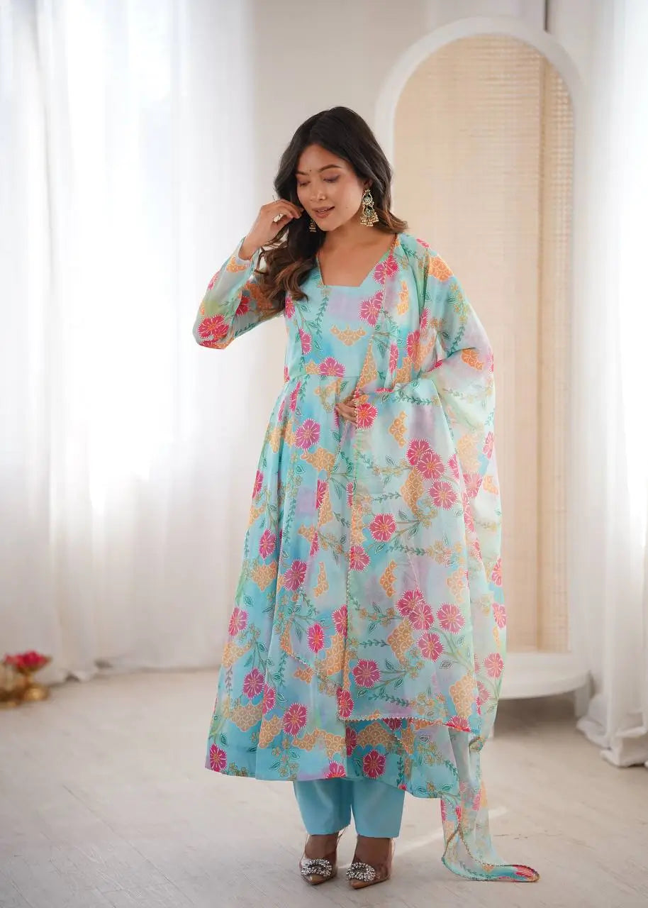 Pure Organza silk Floral Print Festive Gown Set