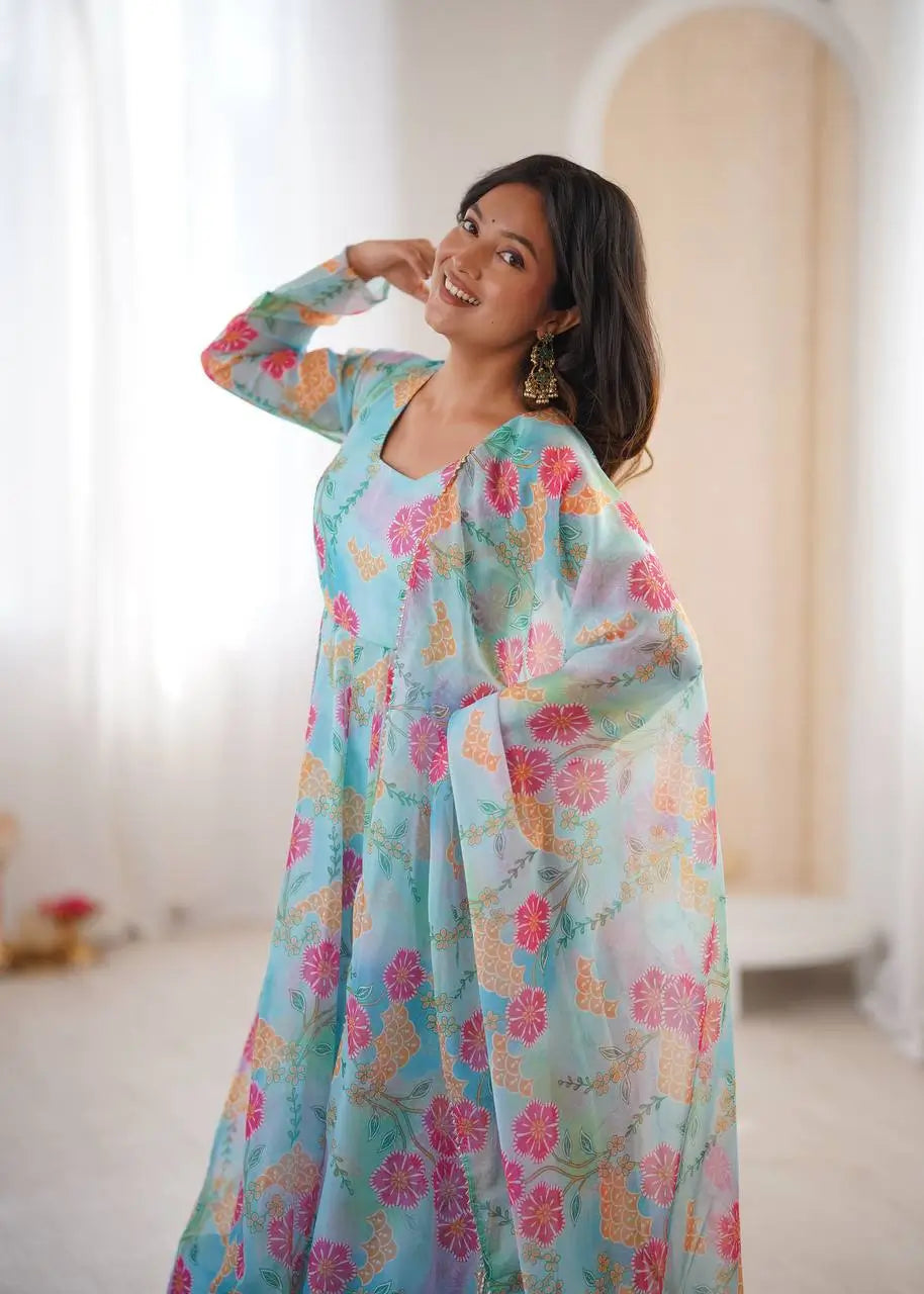 Pure Organza silk Floral Print Festive Gown Set