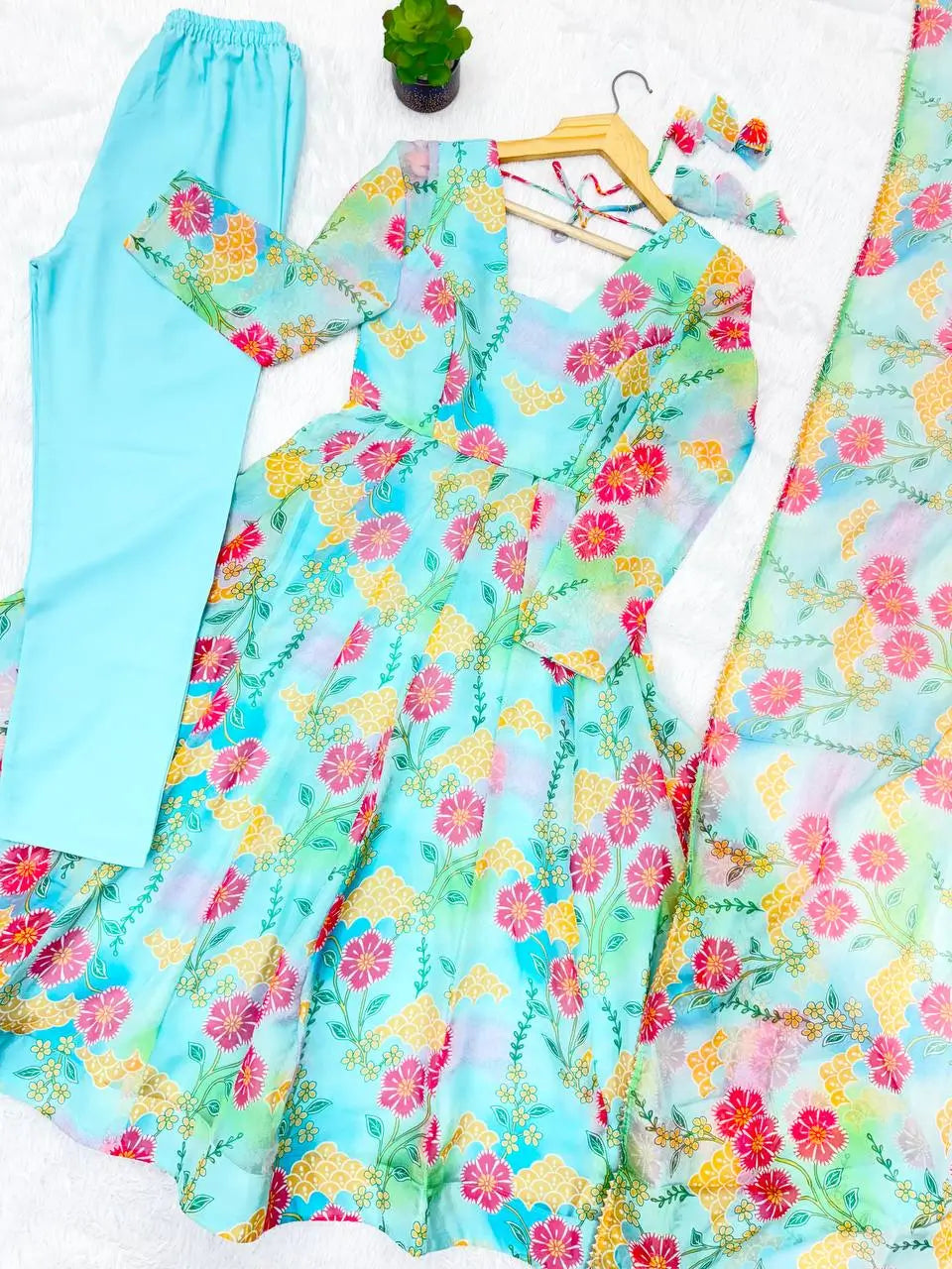 Pure Organza silk Floral Print Festive Gown Set