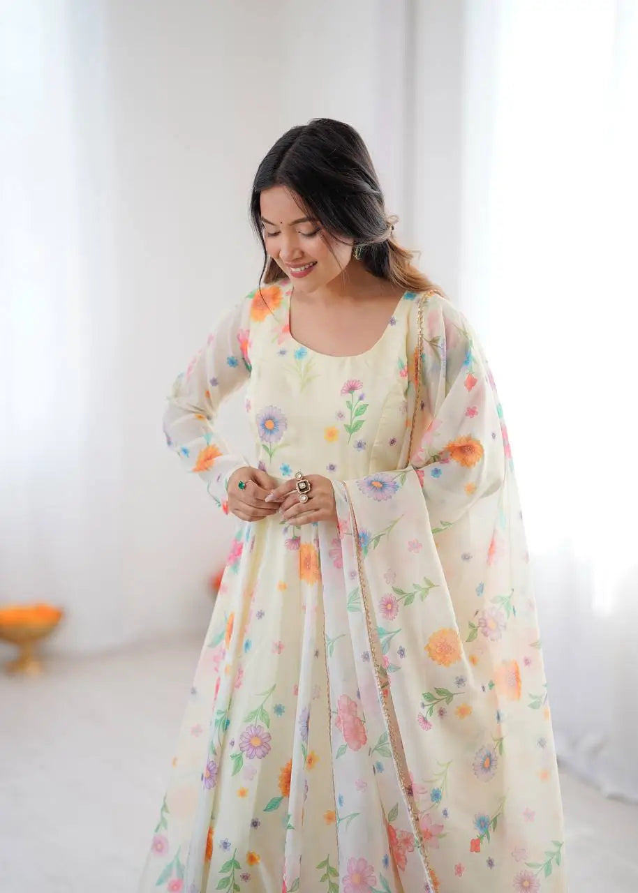 Pure Organza silk Floral Print Festive Gown Set