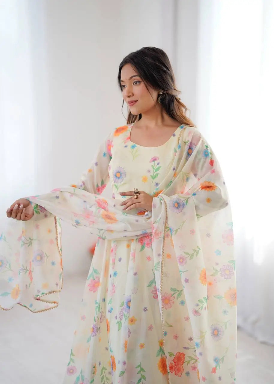 Pure Organza silk Floral Print Festive Gown Set