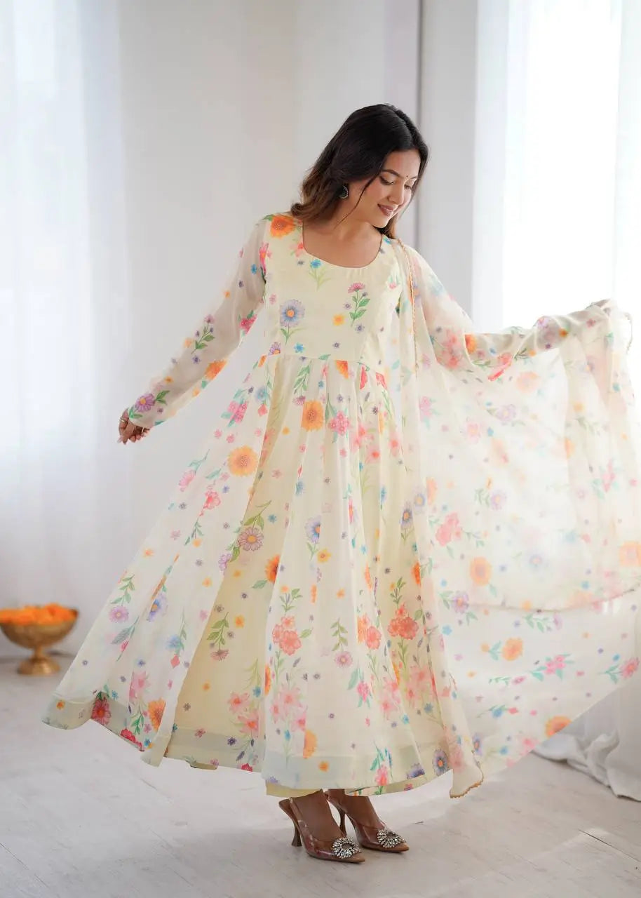 Pure Organza silk Floral Print Festive Gown Set