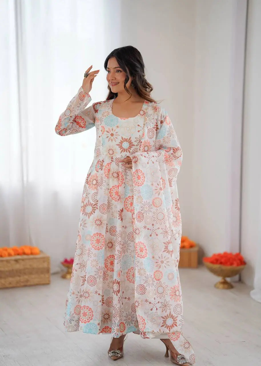 Pure Organza silk Floral Print Festive Gown Set