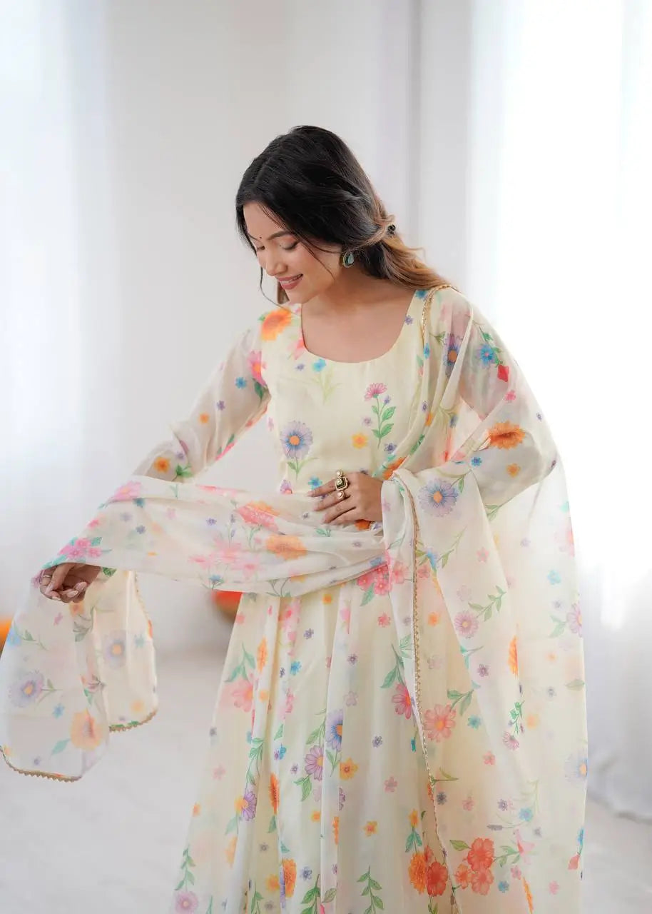 Pure Organza silk Floral Print Festive Gown Set