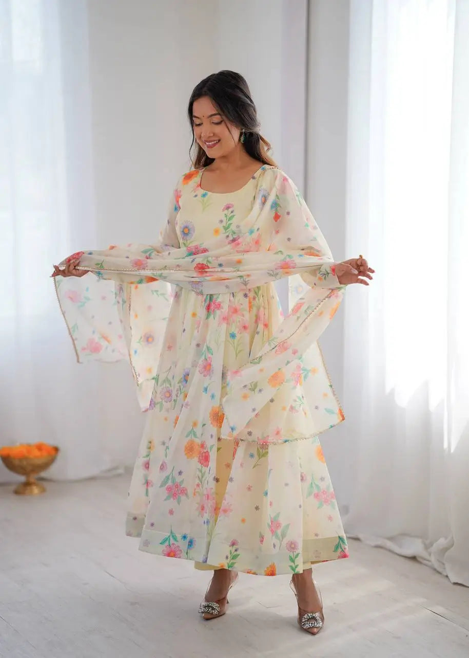 Pure Organza silk Floral Print Festive Gown Set