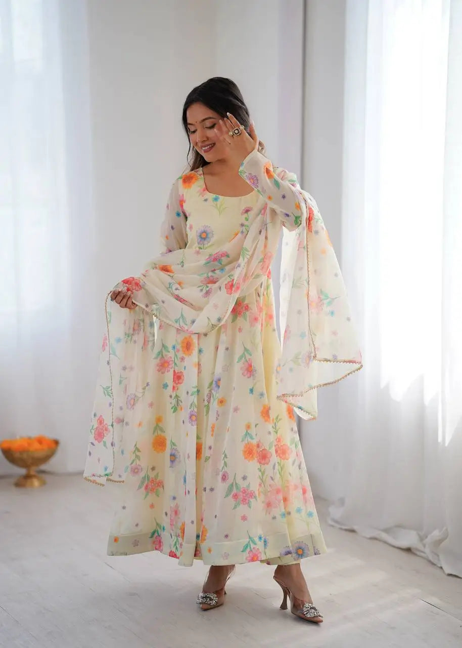 Pure Organza silk Floral Print Festive Gown Set