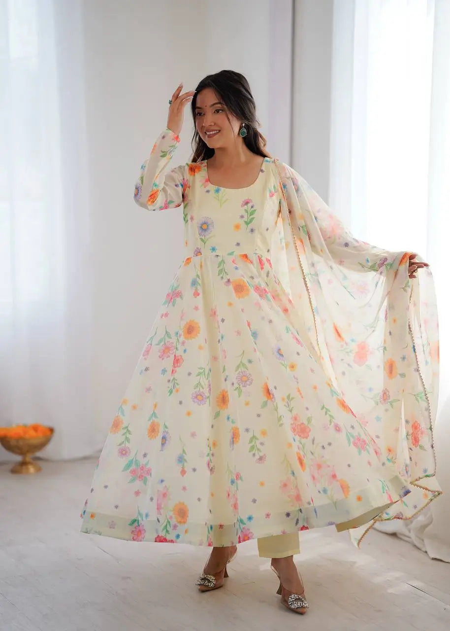 Pure Organza silk Floral Print Festive Gown Set
