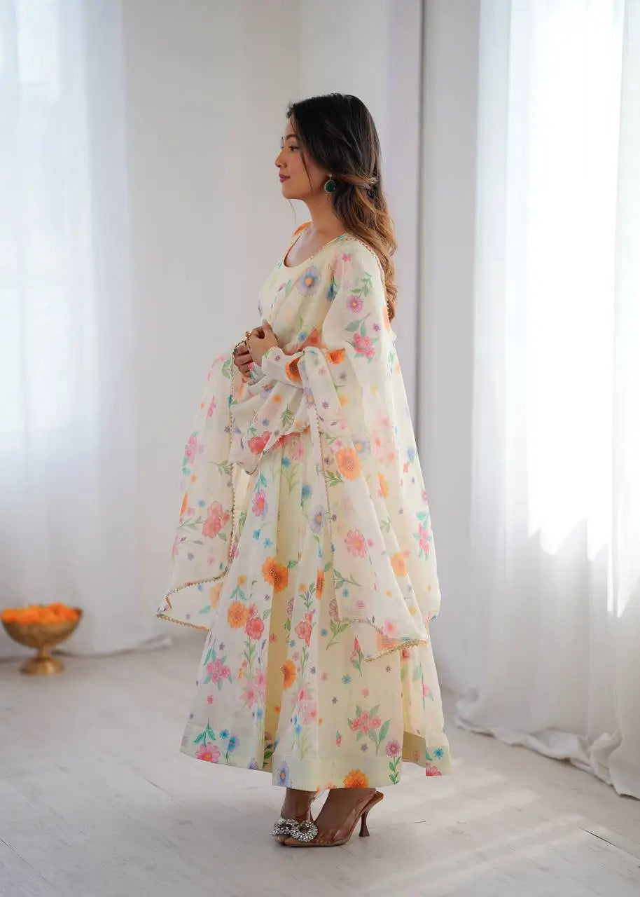 Pure Organza silk Floral Print Festive Gown Set