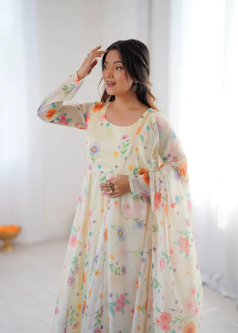 Pure Organza silk Floral Print Festive Gown Set