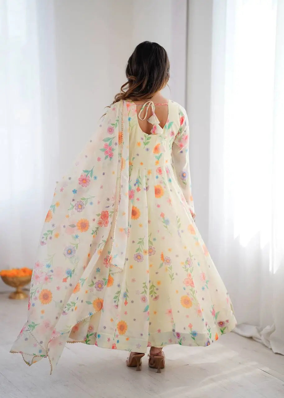 Pure Organza silk Floral Print Festive Gown Set