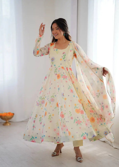 Pure Organza silk Floral Print Festive Gown Set