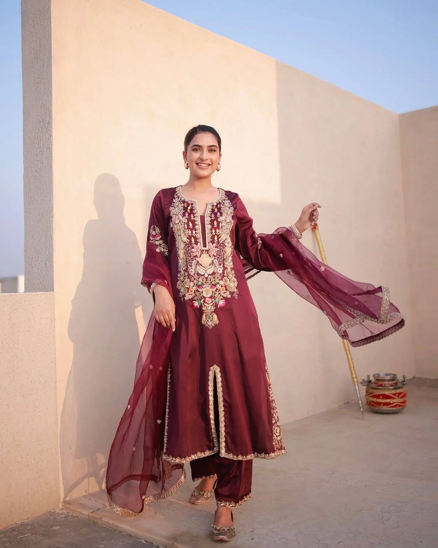 Pure Satin Silk Embroidered Plazzo Suit with Organza Dupatta – Sequins & Dori Work