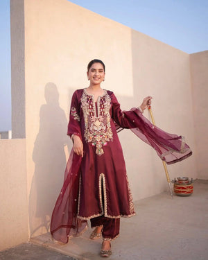 Pure Satin Silk Embroidered Plazzo Suit with Organza Dupatta – Sequins & Dori Work