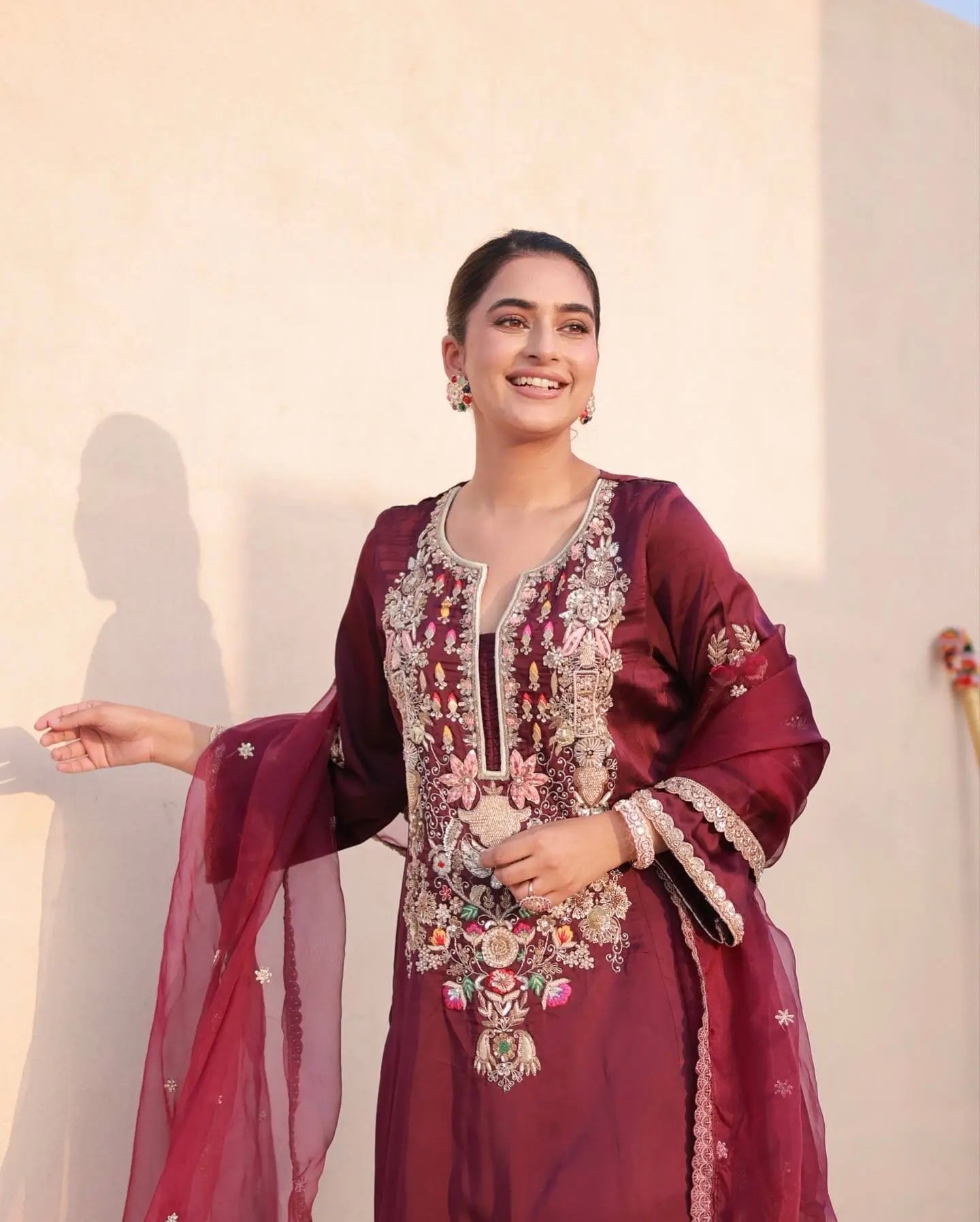 Pure Satin Silk Embroidered Plazzo Suit with Organza Dupatta – Sequins & Dori Work