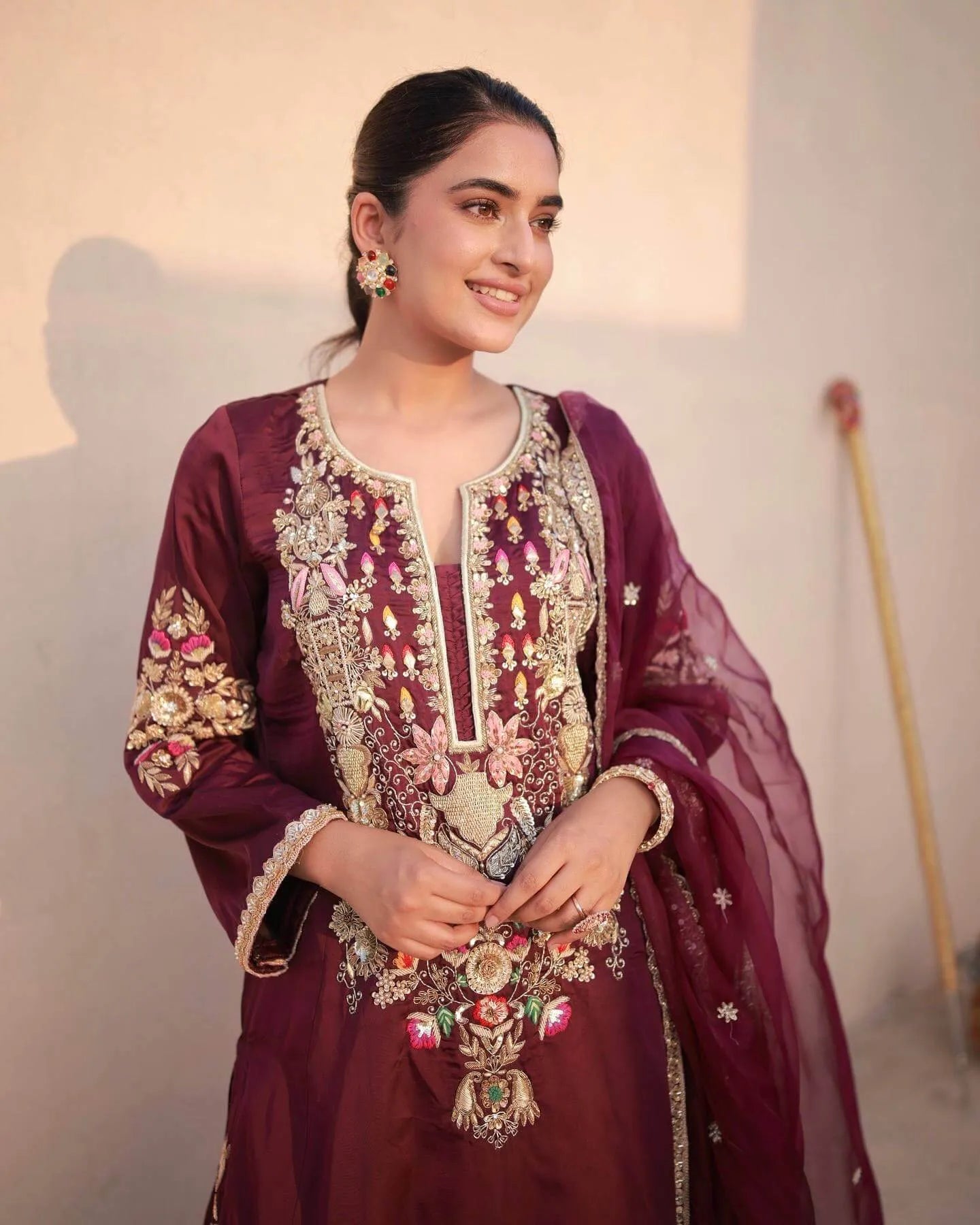 Pure Satin Silk Embroidered Plazzo Suit with Organza Dupatta – Sequins & Dori Work