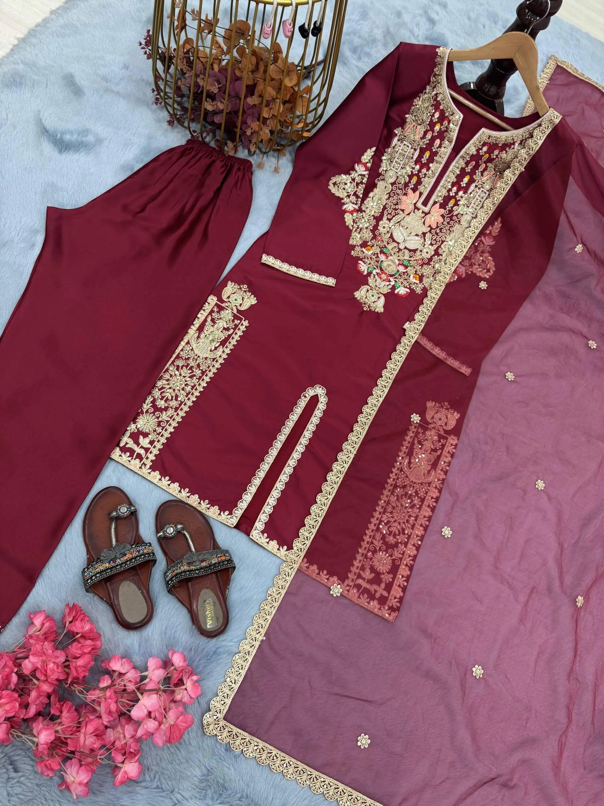Pure Satin Silk Embroidered Plazzo Suit with Organza Dupatta – Sequins & Dori Work